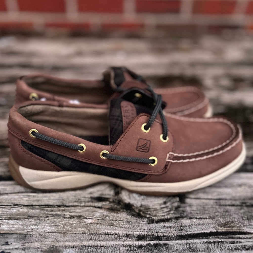 Sperry Top Siders Leather Blue Green Tartan Plaid Women's Boat Shoes Size 6.5